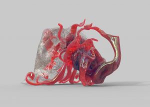 rendering of red sculpture against grey background