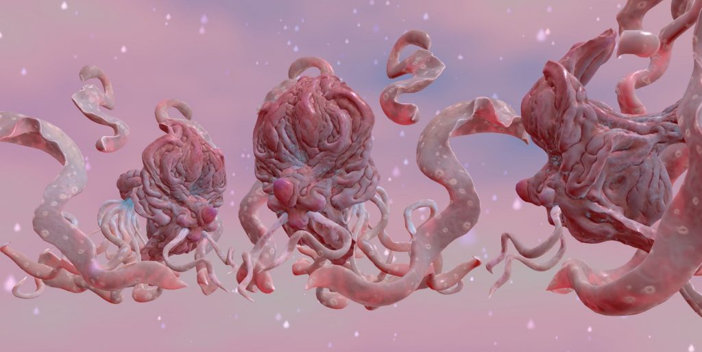 digital rendering in pink colors of flower-like sculpture blending female forms and floral forms