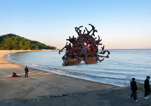 Screen capture of AR sculpture at the beach
