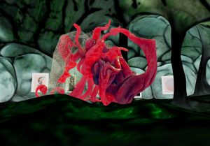 rendering inside metaverse, red sculpture in the center